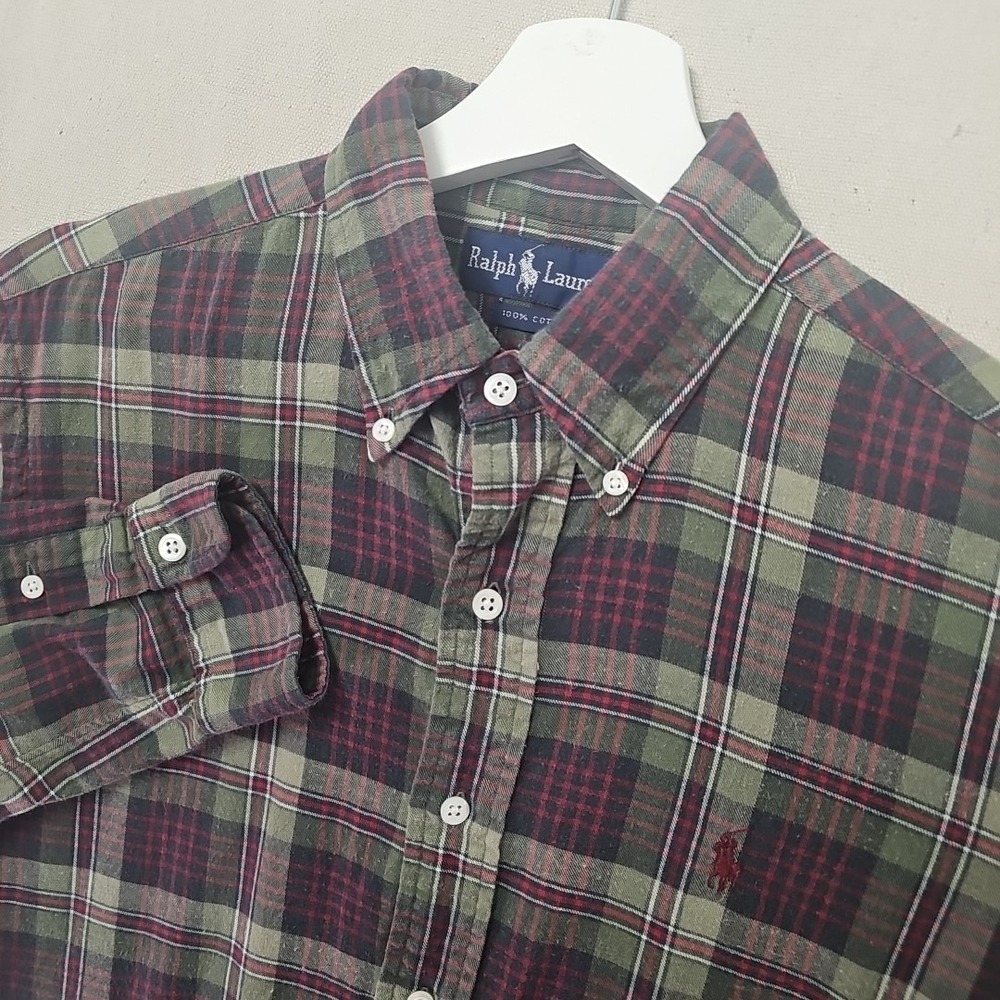 Vintage‎ Ralph Lauren Cotton Flannel Men's Medium Green Black Red Plaid 90's Y2K